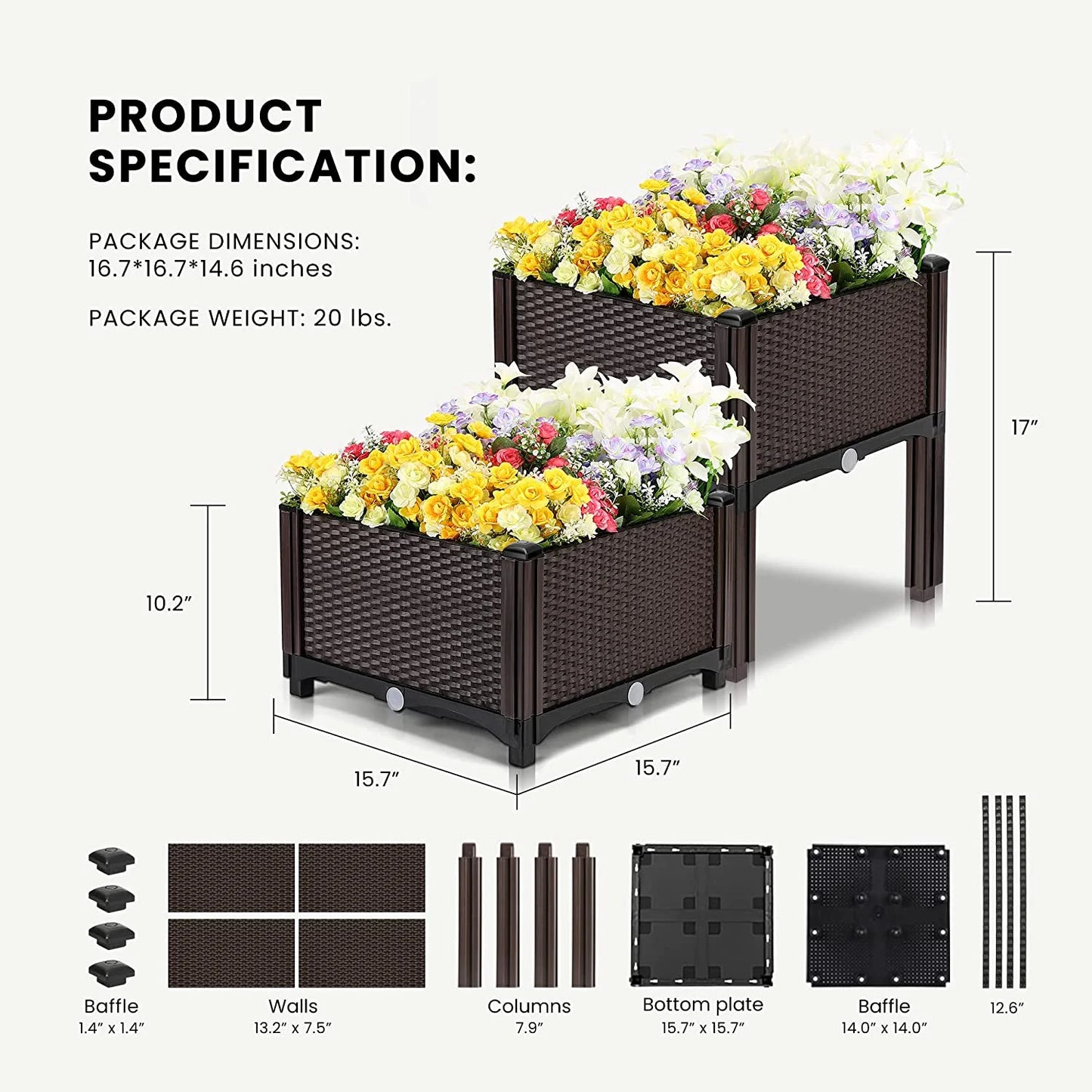 Elevated Plastic Raised Garden Planter Kit, 17" X 17" X 7" (2 Pack, Brown)