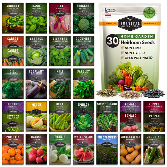 30 Home Garden Seed Collection - Variety Pack with Full Sun Annual Heirloom Non-Gmo Vegetables