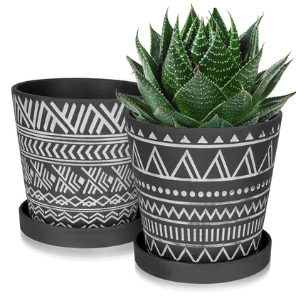 Set of 2 Modern Geometric 6-Inch Black Indoor Plant Pots with Drainage Holes and Saucers