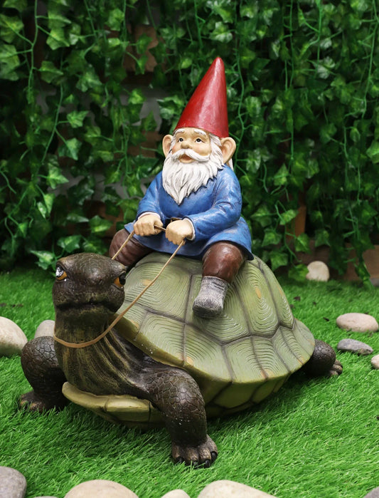 Ebros Large Whimsical Mr. Gnome Riding Giant Turtle Garden Statue 17.25" L