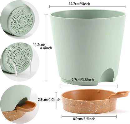 5Pack 5Inch Self Watering Pots for Indoor Plants,Flower Pots Planter with Drainage Holes and Wick Rope