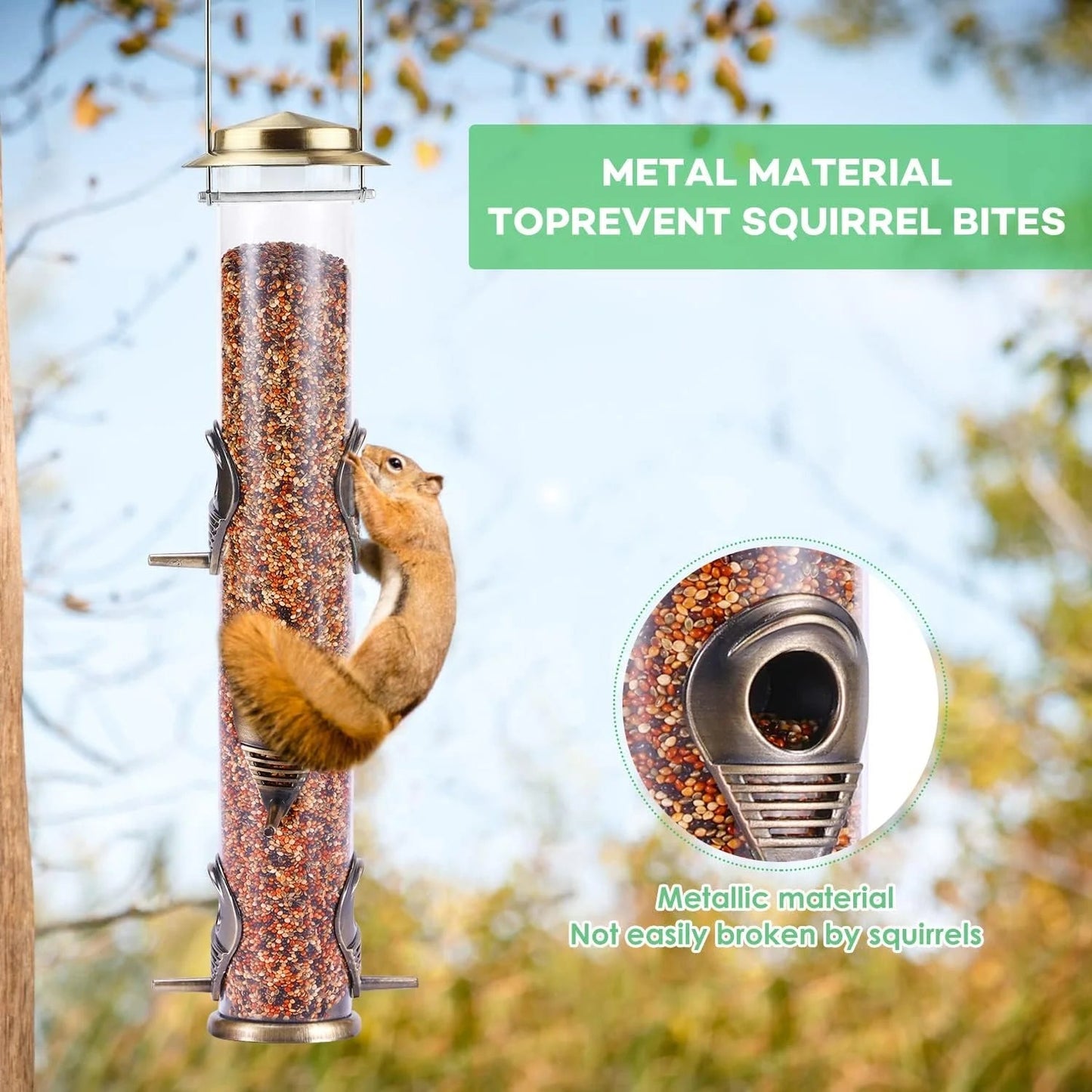 Wild Bird Feeders for Outdoors Hanging, Metal Tube Feeder, 6 Feeding Ports, Bronze - 1 Pack