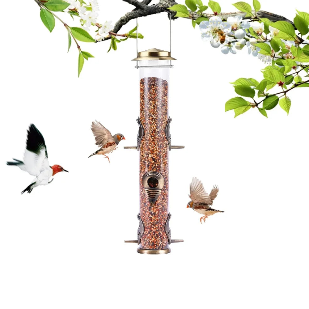 Wild Bird Feeders for Outdoors Hanging, Metal Tube Feeder, 6 Feeding Ports, Bronze - 1 Pack