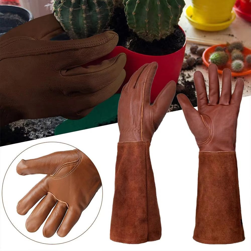 Leather Gauntlet Gardening Gloves - Breathable and Protective for Pruning and Industrial Use