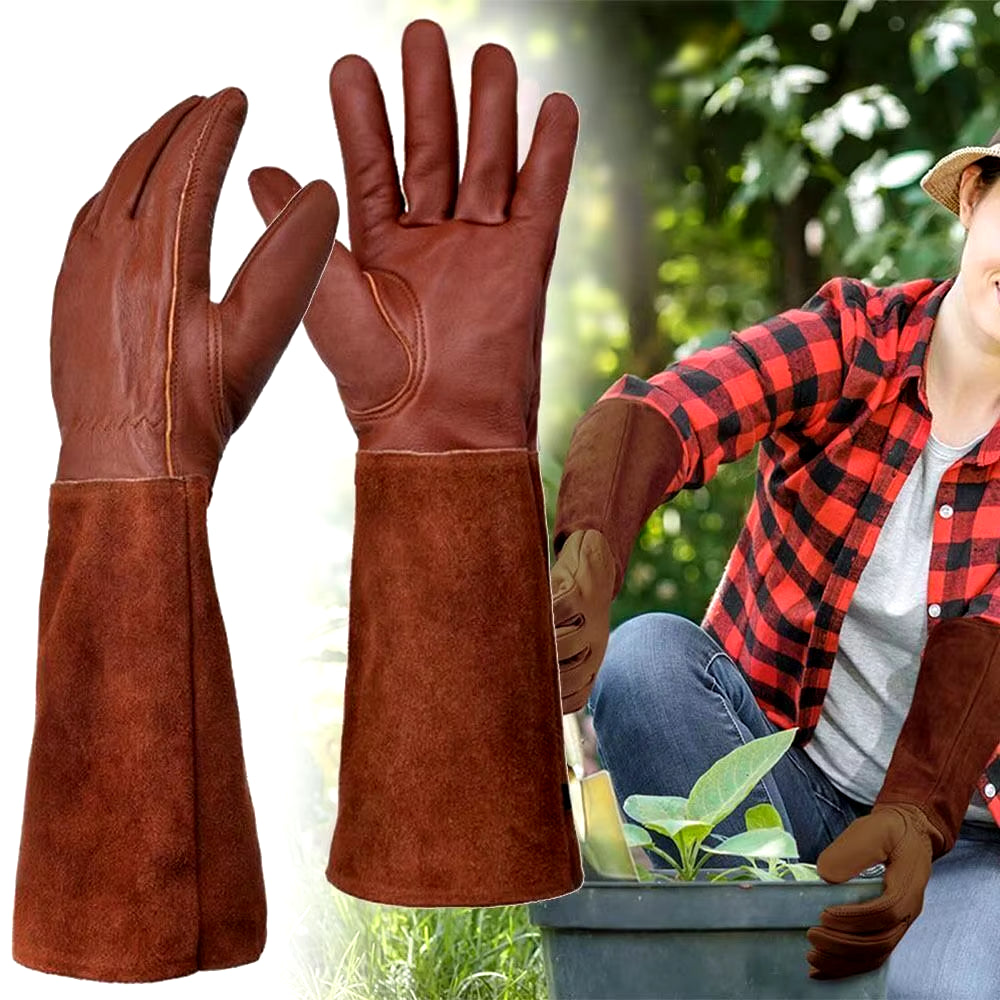 Leather Gauntlet Gardening Gloves - Breathable and Protective for Pruning and Industrial Use